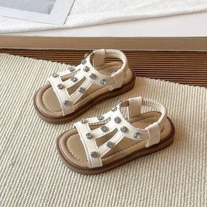 1 Pair Girls' Rhinestone Roman Style Sandals, Children's Sweet Princess Shoes, Toddler Soft Bottom Non-Slip Strap Sandals, Summer