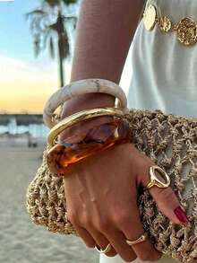 3pcs Vintage Exaggerated Resin Rhombus & Metal Bangle Bracelet Set, Suitable For Daily, Party, Street Style Wear, Gift For Friends And Girlfriends - Multicolor - View 1