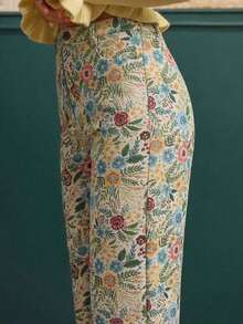 Pantalones anchos de cintura alta con estampado floral jacquard de estilo vintage para otoño e invierno - Multicolor - Ver 5