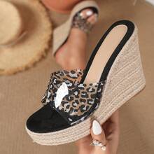 Sandal đế xuồng bánh mì nữ mùa hè mới, phong cách casual thoải mái, thoáng khí, dây thừng rơm, trong suốt, họa tiết da báo, mũi tròn - màu đen - Xem 13