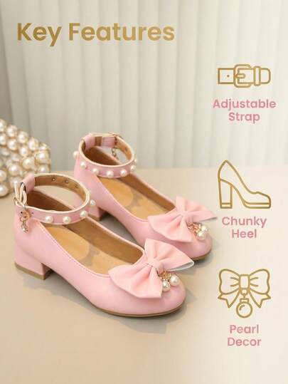 A Pair Of 2026 New-Style Girls' Bowknot + Pearl + Pendant Decoration Buckle Embellished Bright Surface PU Material + Round Toe Pearl Mary Jane Shoes With Thick Heel And Medium Heel. Sweet Princess Style Children's Dress Shoes. Suitable For Birthday Parties / Stage Performances.