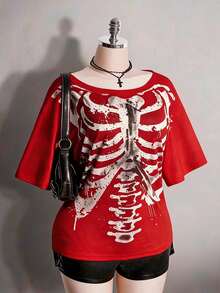 Colección verano 2026. Camiseta holgada mujer talla grande, estampado calavera y rosa gótico punk, estilo retro vanguardista. Tallas 3–7XL, apta otoño-invierno. Envío gratis 24h. - Rojo 2 - Ver 12