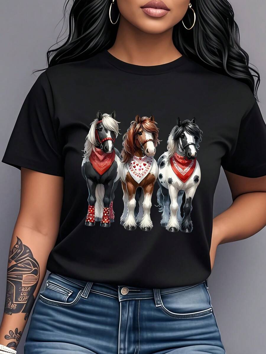 Tres camisetas con estampado de ponis adorables, ropa de mujer de manga corta y cuello redondo, diseño de ponis lindos, regalo para las fiestas, camiseta casual versátil para primavera/verano, estampado de temática animal, estampado divertido de dibujos animados, estilo fresco y sencillo, adecuada para uso diario o eventos especiales, muestra personalidad y vitalidad, artículo versátil, moderno y a la moda, adecuada para todo tipo de cuerpo, adecuada para diversas ocasiones, irradia un ambiente juvenil, experiencia de uso cómoda, transmite un estado de ánimo feliz, camiseta de algodón puro con estampado para mujer. - Negro - Ver 1