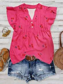 Blusa casual de mujer con estampado de cerezas, cuello plisado y mangas cortas de campana en silueta "H", para uso diario y vacaciones - Rosa Fucsia - Ver 1