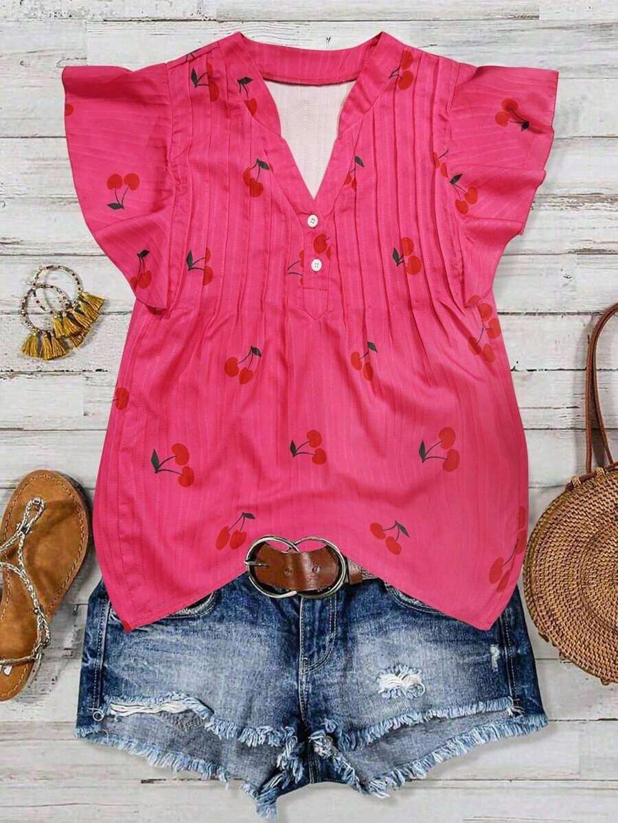 Blusa casual de mujer con estampado de cerezas, cuello plisado y mangas cortas de campana en silueta "H", para uso diario y vacaciones - Rosa Fucsia - Ver 1