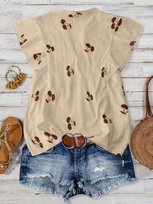 Blusa casual de mujer con estampado de cerezas, cuello plisado y mangas cortas de campana en silueta "H", para uso diario y vacaciones - Caqui - Ver 2