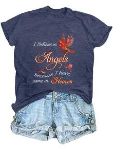 Nueva Camiseta de Moda para Mujer con Cuello Redondo 2026 - Estampado de letras doradas I Believe in Angels, top casual, camiseta diaria de fibra transpirable con patrón de hojas rojas, color morado oscuro para primavera/verano/otoño, versátil y fácil de combinar, camiseta base elegante y cómoda, camiseta con estampado inspirador. Diseño versátil para el verano. - Negro - Ver 7