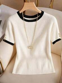 Camiseta casual de mujer de manga corta con cuello redondo, estampado de bloques de color y rayas - Blanco y Negro - Ver 1