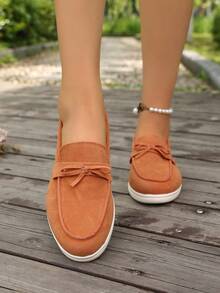 2026 Frühling/Herbst Neue Koreanischer Stil Casual Veloursleder Flache Schuhe für Damen, Rundspitze Slip-On mit Schleifen Dekor, Weiche Sohle Bequeme Loafer, Vielseitig für Alltag und Pendeln - Orange - Übersicht 4