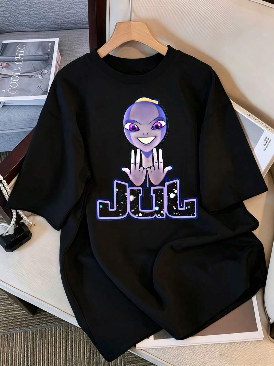 2026 T-Shirt, Jul Alien Cartoon Graphic T-Shirt, Funny French Rapper Oversized T-Shirt, Black Cotton Casual Top, Retro Bootleg Style K-Pop Idol Oversized T-Shirt, Vintage Graphic Print T-Shirt, Loose Short Sleeve Casual Top, K-Pop Fan Merchandise, Black Streetwear T-Shirt For Fans, Vintage K-Pop Star Graphic T-Shirt, Short Sleeve Oversized T-Shirt With Retro Lightning Bolt Letter Print, Black Crew Neck Casual Top, Streetwear Style Idol Fan Gift, Comfortable Loose Fit Cotton Blend T-Shirt For Women And Men. - Black - View 1