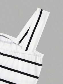 de 2 piezas de Primavera/Verano 2026 de diseño de moda elegante francés: Top ajustado de tirantes cuadrado en color marrón + Pantalón corto de pierna ancha blanco de cintura elástica, conjunto casual diario y de vacaciones para mujer - Blanco y Negro - Ver 6