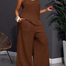 Slayr 2025 New Spring/Summer Plus Size Women's Vintage Western/Tropical/Music Festival/Club/Road Trip/Casual Street/City Vacation/Graduation Date/Elegant Vacation 2-Piece Set - Loose Sheer Textured Fabric U-Neck Sleeveless Tank Top With Elastic Waist Palazzo Pants - Azul menta - Ver 9