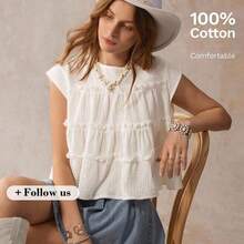 Freevana Plus Size Women's Vintage Peasant Casual Style | Blue And White Plaid Round Neck Sleeveless Tiered Ruffle Trim Babydoll Top - Sweet Loose Pullover Blouse - Multicolor - Ver 11