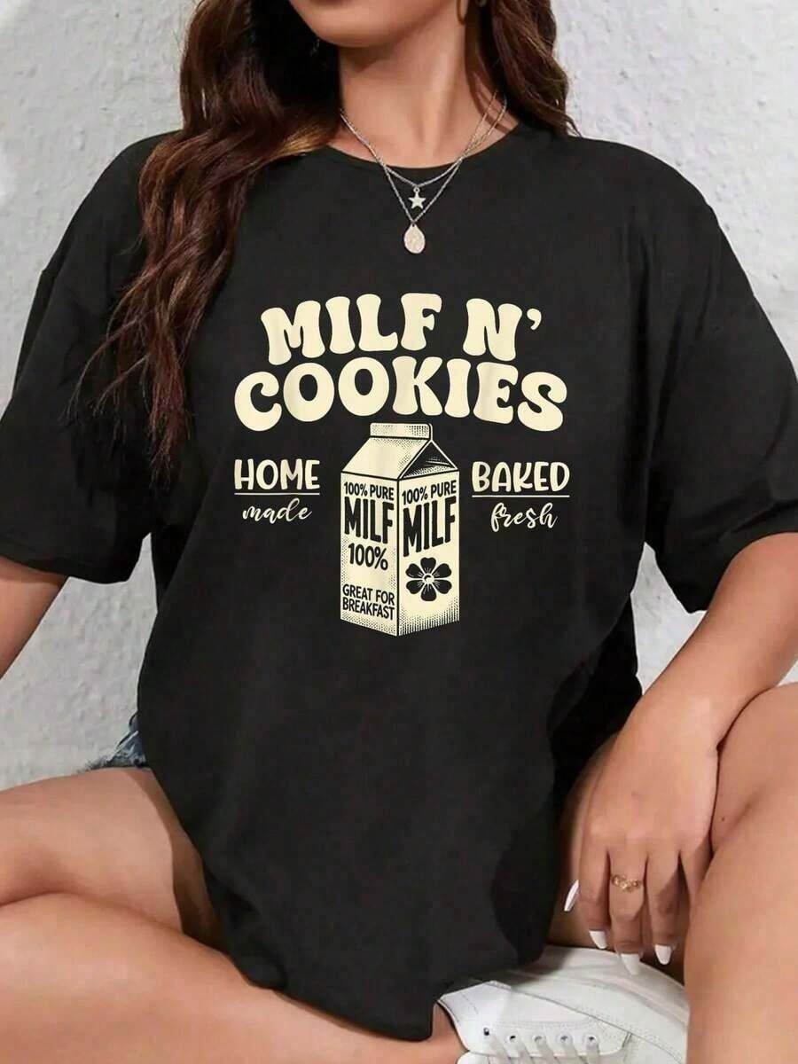 1 pieza de camiseta casual para mujer, 100% algodón, camiseta divertida con estampado "Milfs N Cookie Homemade Baked Fresh Milfs", camiseta de manga corta negra para mujer y hombre, corte clásico, camiseta divertida, camiseta premium para mujer, estilo Y2K, camisetas de moda de verano, tops casuales de streetwear. - Negro - Ver 1