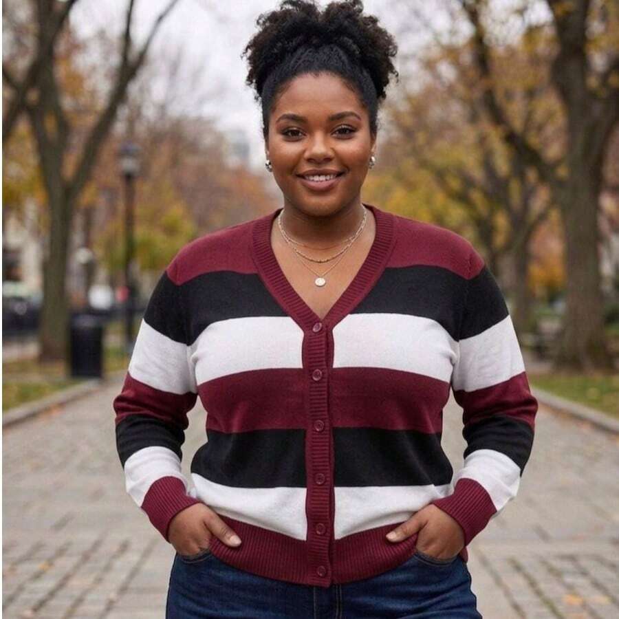 Women's Plus Size Wool Cardigan With V-Neck, Long Sleeves, Asymmetrical Stripes, Casual, Warm, Lined And Highly Stretchy. - 紅木色 - 查看 1