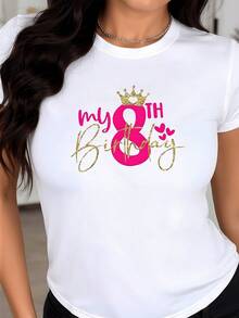 Text That Joyfully Celebrates The Number Eight Adorned With A Golden Crown And Pink Hearts Symbolizing A Special Day Full Of Affection, Positive Energy And Elegance. Comfortable Casual Women's T-Shirt For Festive Occasions. - 白色 - 查看 1