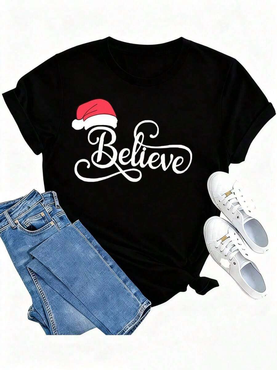 1 Women's Christmas T-Shirt - Graphic Tee With A Cheerful And Bright Christmas Tree Design, Santa Claus Print, Christmas Eve Graphic Tee, Unisex Festive Tee For Women And Men, Everyday Wear At Festivals, 180g 100% Cotton, Designs Are Fully Printed. Unisex. - 3 黑 - 查看 1