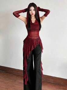 Solid Color Fitted Top With Hood And Sleeveless Mesh - Apricot - View 6