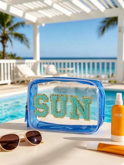 1 Pack Waterproof Transparent SPF Sunscreen Storage Cosmetic Bag PVC Zipper Toiletry Bag Portable Travel SPF Chenille Patch Small/Large 2 Sizes Available Makeup Bag