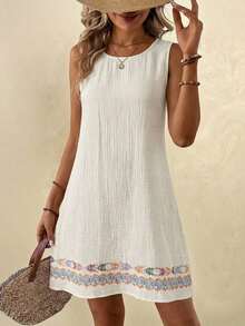 Vestido casual de verano para vacaciones en la playa, de algodón y lino con textura, color albaricoque, sin mangas y corte recto para mujeres - Beis - Ver 3