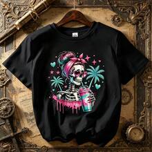 Women's Cotton Short Sleeve T-Shirt with Funky Skull Print for Beach Outings and Summer Fun, Medium Stretch Crew Neck Top - Negro - Ver 4