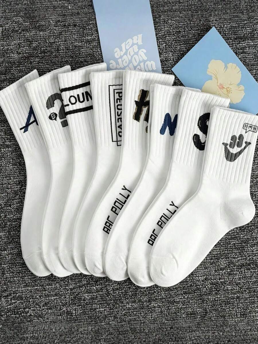 3 Pairs Unisex Socks With Random Letter And Symbol Patterns, Soft ...