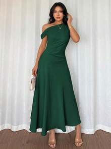 Elenzya Vestido elegante, de moda y lindo de estilo bohemio francés con volante asimétrico en el hombro y diseño entallado y acampanado en color verde macaron, adecuado para ocasiones de verano como vacaciones, graduación, Día de la Independencia, citas, vacaciones - Verde Oscuro - Ver 3