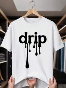 Camiseta de cuello de tulación blanco de verano de las mujeres con mangas cortas, con un diseño transpirable y informal con una impresión de letra goteo - Blanco - Ver 2