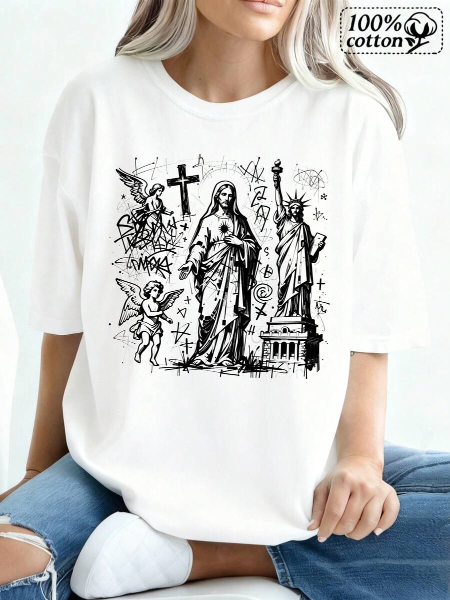 Camiseta blanca con estampado religioso y estatuara uso casual