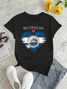 OversizeCamiseta casual de manga corta para mujer, de corte ajustado, con estampado de la bandera y el lema de , cuello redondo con elasticidad media, lavable a máquina, cómoda para todas las estaciones, linda y con un toque de orgullo nacional. - Negro - Ver 3