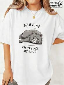 Camiseta de modara mujeres | Impresión frontal blanca Gato y texto "Créeme, estoy tratando de mi mejor" Comodo Casual Daily Wear - Blanco - Ver 2