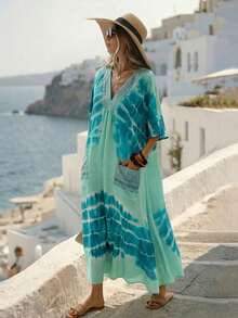 Vestido largo casual de mujer con estampado de teñido anudado, cuello en V verde, kimono de manga corta, bajo asimétrico, vestido de verano tipo kaftan para mujer, atuendo de playa, estilo mediterráneo, ropa bohemia - Verde 2 - Ver 6