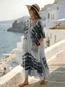 Vestido largo casual de mujer con estampado de teñido anudado, cuello en V verde, kimono de manga corta, bajo asimétrico, vestido de verano tipo kaftan para mujer, atuendo de playa, estilo mediterráneo, ropa bohemia - Gris - Ver 5