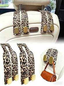 Car Seat Headrest Hooks, Hidden Dual Hooks, Faux Leather And Zinc Alloy Material, Heavy Duty ABS Hooks, Suitable For Car Back Seat Storage, Handbags, Shopping Bags And Wallets - Leopard Print - View 2