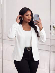 SHEIN Lady CURVE Plus Size Women's Solid Color Simple Daily Long Sleeve Jacket,Business Casual Woman Winter Fall Autumn - White - View 3