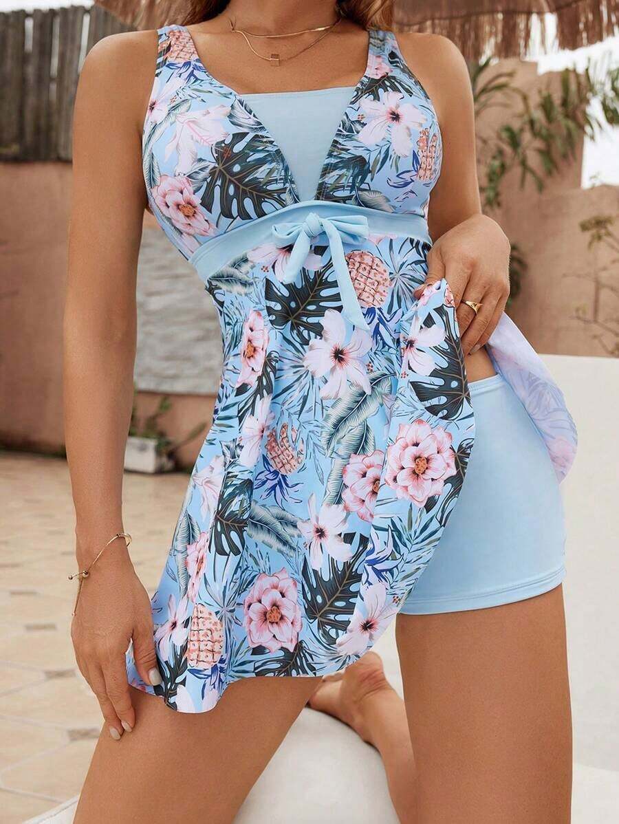 Swim Lushoire Top de tankini con estampado de plantas tropicales para playa de verano - Multicolor 4 - Ver 1