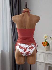 Conjunto de top de tankini con cuello halter y Bottom con estampado de palmeras, cordón y fruncido, para vacaciones y playa - Multicolor 2 - Ver 6