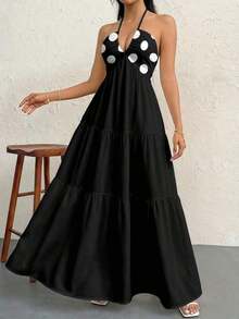 Vestido maxi sin espalda con cuello halter de crepé y lazo para ocasiones en complejos turísticos y bodas - Multicolor 5 - Ver 8