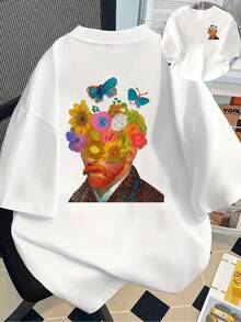 Camiseta de manga corta con estampado frontal y trasero que muestra el retrato de Van Gogh y girasoles - ¡La elección perfecta para la moda femenina de primavera y verano!Camiseta Y2k - Negro - Ver 10