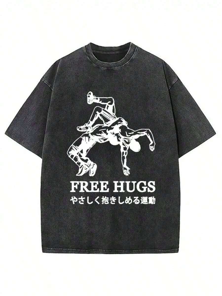 Camiseta de manga corta estampada de algodón lavado de 230 g, colección Verano 2026|   Camiseta de manga corta estilo retro americano, holgada, de hombros caídos, estilo para parejas, de algodón pesado lavado y desgastado para verano. - Negro - Ver 1