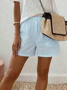 Sunny Girly Summer Women's Y2K Striped Straight-Leg Shorts With Button Design, Ideal For Back To School, Daily Commute, Casual Outings And Loungewear - Blue - View 3