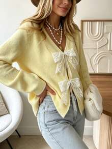 Vuslat Women's Autumn Sweet Girl Lace Bowknot V-Neck Knit Cardigan, Suitable For Campus, Date, Home, Commute, Halloween, Christmas - Yellow - View 3