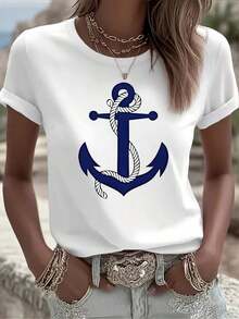 Camiseta de manga corta con cuello redondo y estampado de ancla de marinero en azul marino para mujer, top casual de primavera-verano, corte regular, diseño estampado, transpirable y cómoda, para uso diario en verano. - Blanco - Ver 10