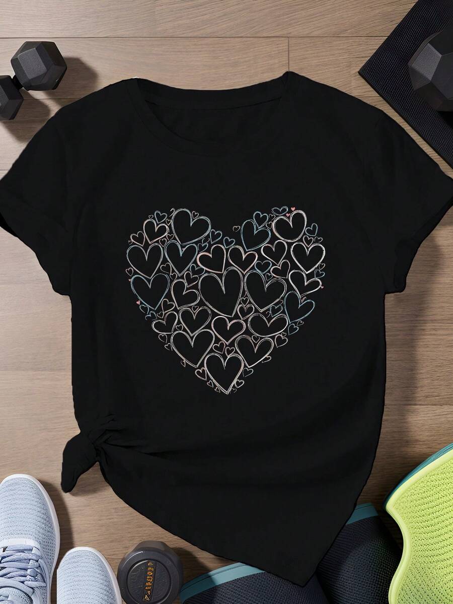 Camiseta Deportiva de Manga Corta para Mujer, Talla Grande, Marca Heart Love - Negro - Ver 1