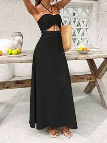Vestido ajustado sin mangas con diseño calado de unicolor para mujer, de verano - Negro - Ver 6