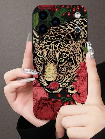 Tattoo-Style Leopard & Red Flowers Print TPU Protective Case With Raised Camera And Edge Protection, Suitable For IPhone 17/16/15/14/13/12/11 Pro Max, Galaxy S25/S24/S23/S21 And A54/A53/A52/A34/A15 Series And Other Models. It's A Lovely Gift For Friends, Family, Couples, Or For Your Own Birthday.