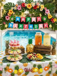 一套夏威夷主题生日快乐横幅，热带派对生日火烈鸟菠萝棕榈叶装饰横幅，适合夏季生日派对装饰、母亲节、毕业典礼、生日、家居装饰、夏威夷主题装饰、派对装饰 - A - 查看 8