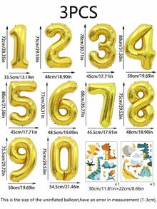 3个32英寸金色数字气球套装，0-9大号铝箔气球，森林恐龙贴纸，适合生日派对、动物主题派对、家庭派对装饰 - 金色 - 查看 8