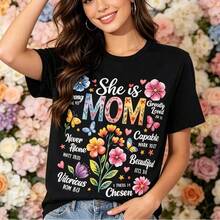 Women's Short Sleeve T-Shirts. Women's Cotton T-Shirt, Round Neck, Floral And Butterfly Print "She Is Mom", Inspirational Christian Design With Bible Verses, Loose And Comfortable For Mother's Day - 黑色 - 查看 3