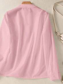 Camisa de mujer de unicolor con cuello en V y botones - Blusa casual y elegante de manga larga con detalle de bolsillo, adecuada para vacaciones, viajes y uso diario, artículo esencial para primavera, verano, otoño e invierno - Rosa Pálido - Ver 7